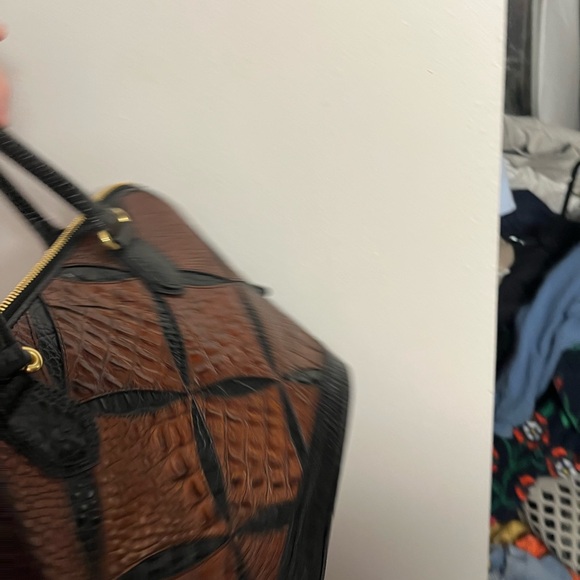 Brown and Black Leather Satchel with Patchwork Design